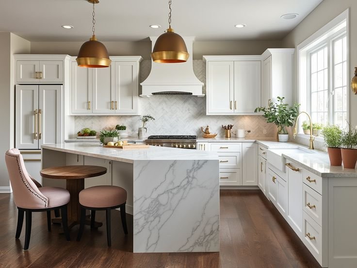 Cocina moderna con isla de marmol blanco.