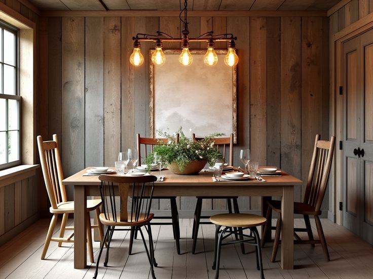solon comedor rustico, acogedor con mesa de madera y sillas de madera, con lampara de techo tipo industrial.