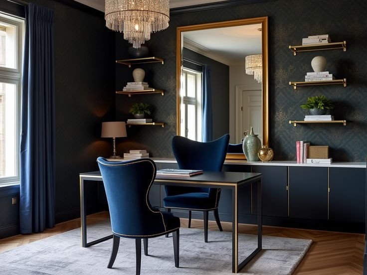 Oficina moderno en tonos azules verdosos oscuros, sillas de terciopelo, color azul y espejo en el fondo sobre un armario empotrado.